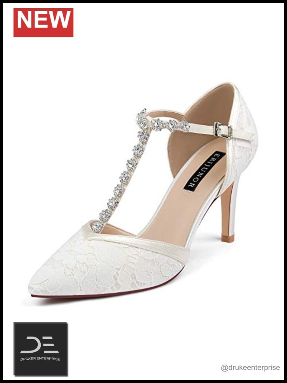 Women Lace Bridal Shoes Mid Heel Rhinestone T-Strap Pointed Toe Satin Wedding